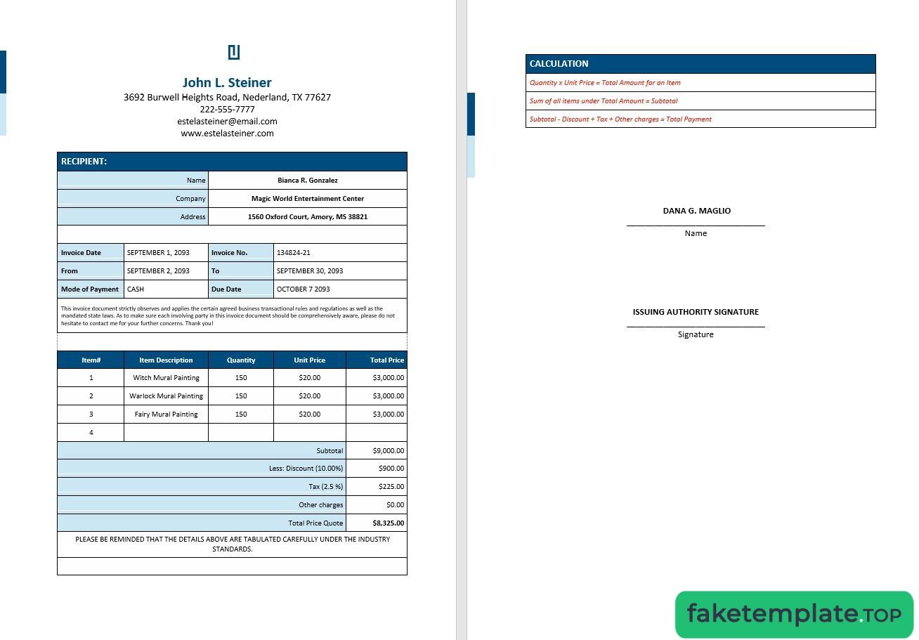 Feature of fake Free Freelance Artist Invoice